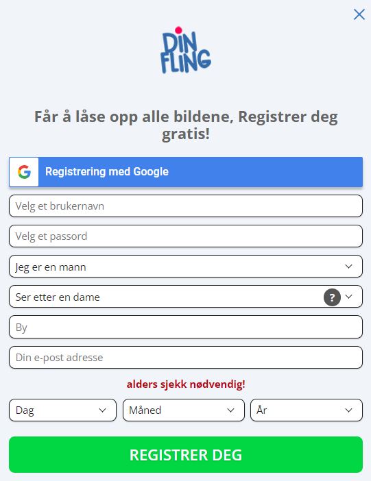 Dinfling: Enkel registrering med valg mellom påmelding eller innlogging. Bruk Google-konto for bekvemmelighet.